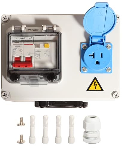 Shengbowi Ground Fault Circuit Breaker Outdoor Electrical Socket Box Waterproof Junction IP65 Wall Mounted 110V-240V 63A Home Garden Power Distribution Outlet Leakage Protection Residential