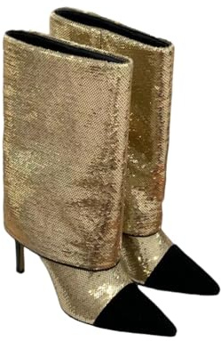 FhiHUEpr Stivaletti Scintillanti da Donna per Polpacci Larghi, con Punta Affusolata e Tacchi a Stiletto da Indossare in Discoteca, Matrimonio, Ufficio, per Una Serata Romantica,d'oro,38 EU