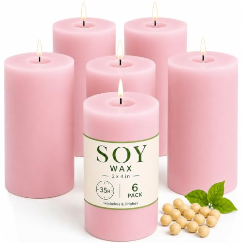 Lot de 6 bougies pilier de soja, 5,1 x 10,2 cm, bougies roses non parfumées pour décoration d'intérieur | Bougies décoratives faites à la main 100 % cire de soja non toxique sans fumée et sans goutte, 35 heures de combustion propre