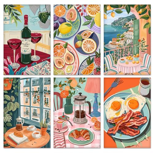 QENSPE 6 Piezas Kit de Pintura por Números, Lienzos Estirados para Pintar para Adultos, Pintura al Óleo Acrílica para Estudiantes Principiantes, Suministros para Dibujo, Café Comida (20x30 cm)