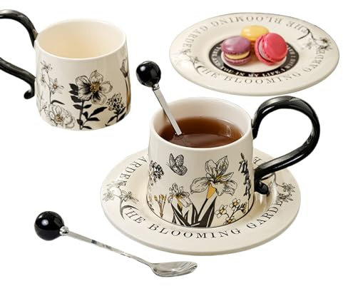 Set de Tasses à Thé - Service De Boisson 260ml Avec Soucoupes Et Cuillères - Mug Et Tasse En Céramique Pour Boissons Chaudes - pour Cappuccino Lait Chocolat Jus Bière Cuisine Café Restaurant Maison An