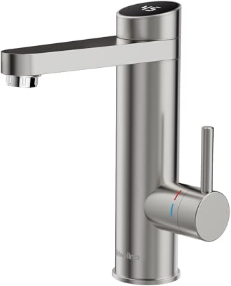 Briwellna Electric Instant Hot Water Bathroom Faucet, Stainless Steel Tankless Heater Taps, 120 Degree Rotatable Tap with Digital Display for Home Indoor (Silver)