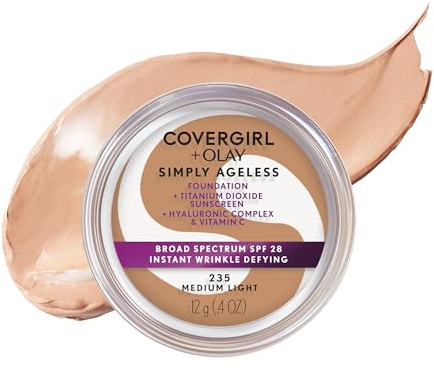 COVERGIRL Simply Ageless Instant Wrinkle Defying Foundation, SPF 28, Hyaluronic Complex & Vitamin C - 235 Medium Light, Pack of 1