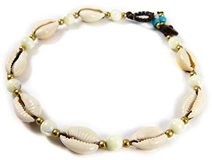 Fußkettchen mit Kauri Muscheln und Perlmutt Perlen - Thailand Makramee Tribal Surfer Fußband