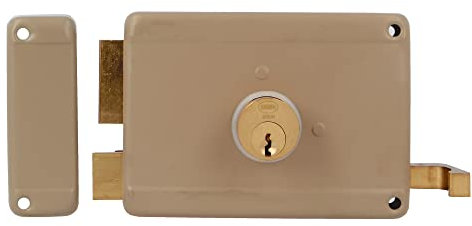 Amig - Serratura da Sovrapporre a Sinistra con Leva di Chiusura | Apertura e Maniglia per Porte in Legno Mod. 78 | 120 x 85 mm | Chiavistello con Cilindro Rotondo di Erretto | Acciaio Beige