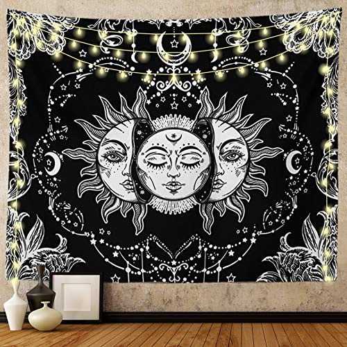 Ftuency Sun and Moon Tapestry, Black and White Tapestries Mystic Burning Sun with Star Wall Hanging decor for Bedroom (59 W x 51 L)