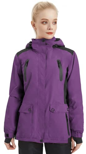 FREE SOLDIER Wasserdichte Ski-Schneejacke für Damen, warm, mit Fleece gefüttert, Winter-Regenjacke mit Kapuze, vollständig versiegelte Nähte (Violett, L)