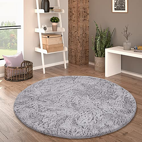 Paco Home Hochflor Teppich Rund Wohnzimmer Schlafzimmer rutschfest Shaggy Modern Flauschig Einfarbig Langflor Kunstfell, Grösse:200 cm Rund, Farbe:Silber