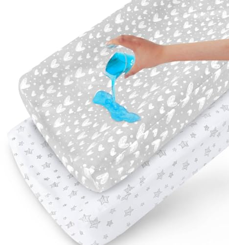 Waterproof Changing Pad Cover 2 Pack, 100% Cotton Change Table Cover Sheets, Ultra Soft, Unisex White Grey Star Print