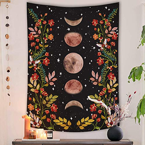 YISUMEI Wandteppich mit Mondblumen, Reben und Blumen, für Schlafzimmer, ästhetischer schwarzer Wandteppich, Wandbehang für Raumdekoration, L / 150 x 200 cm