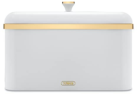 Tower Cavaletto Bread Bin with Removable Lid, Large Capacity, Durable Steel Body, Optic White and Champagne Gold
