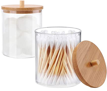 Gcroet 2PCS Makeup Organiser Set,Acrylic Cotton Wool Pads Holder with Bamboo Lid,Cotton Swabs Holder Storage Box Acrylic Canisters Jars,Clear Round Cotton Wool Bud Jar,Cosmetics Storage Container