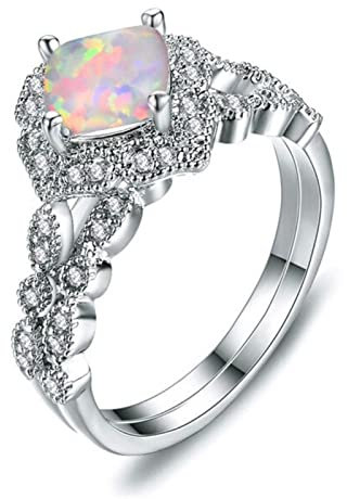 BIOLIVING Weibliche Weiß Blau Opal Ring Set Kristall Silber Farbe Eheringe Für Frauen Trendy Braut Versprechen Quadratischen Verlobungsring