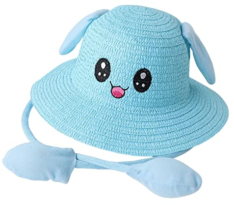 Amagogo Häschen-Strohhut-Kappen, Sonnenhut, faltbar, mit beweglichen Ohren, Strandhüte, tragbar, Fischerkappen, großer Traufhut für Frühling, kurze, Blau