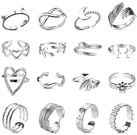 LOLIAS 16 Pièces Bague Argent Femme Acier Inoxydable Ouvert Réglable Vague Bague Câlin Main Doigt Anneaux Pouce Empilables Noeud Plume Knuckle Bague Orteil Lot Bague pour Femmes Filles