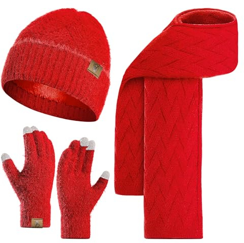 INSISMY Mütze Schal Set Damen und Thermo Touchscreen Handschuhe, 3 Stück | Beanie Mütze Damen mit Fleecefutter, Wärmer Winterhandschuhe für Smartphones, Langer Fleece Schal mit viele Tragevarianten