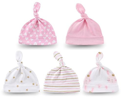 Ecojoy Newborn Baby 5 Mützen und 5 Paar Kratzfeste Fäustlinge für Babys Jungen und Mädchen, Alter 0-6 Monate 100% Baumwolle