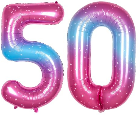 Ponmoo 40 inches Foil Balloons Numbers 50 Pink-Blue Gradient (101cm), Inflatable Helium or Air, Giant Balloon Number 0-9, 10-100, Grand Balloons for Anniversary Wedding Birthday Party Decoration