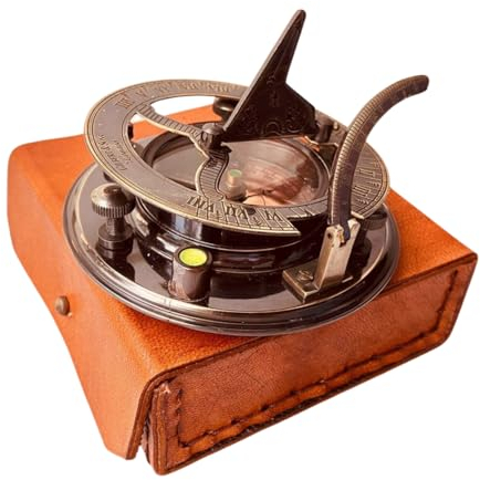ALADEAN Vintage Brass Sundial Compass Antique Nautical Ship Sundial Clock in Keepsake Leather Gift Box Sun Clock Gift for Men & Women (Classic Sundial 3.5)