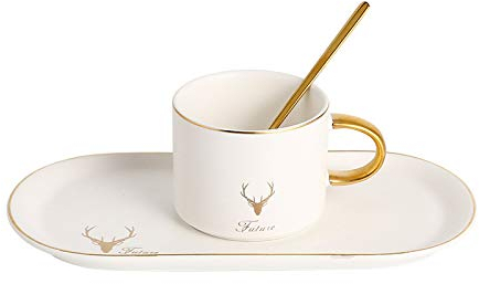 DUNSBY Service à café en céramique tasse et soucoupe poignée dorée tasse à café et soucoupe ensemble tasse à bord doré plateau avec cuillère tasse à café (couleur : blanc, taille : 200 ml)
