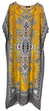 Damer bomull kaftan lång maxiklänning Dashiki afrikanskt tryck sommar strand en storlek, gUL, en storlek