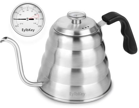 Gooseneck Pour Over Kettle for Coffee and Tea with Thermometer Hand Drip Kettle Precision Flow Spout Goose Neck Jug for Induction Stovetop (Silver, 1200ml)