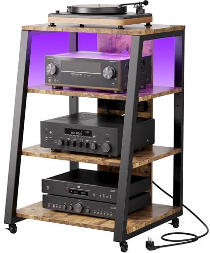 Lifewit Mobile Giradischi con 4 Ripiani, Mobile Hifi con Prese Elettriche e Luci a LED per Mobiletto Stereo Pergiradischi, Vinili Vintage, Casse, 60 x 55 x 90 cm, Marrone Rustico