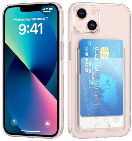 nicekool Hülle für iPhone 13/14 mit Kartenfach für 2 Karten, Handyhülle Kartenhalter Transparente Rückseite Schutzhülle Dünn Weiche Stoßfest Handy Kartenetui Bumper Brieftasche Cart Case Cover