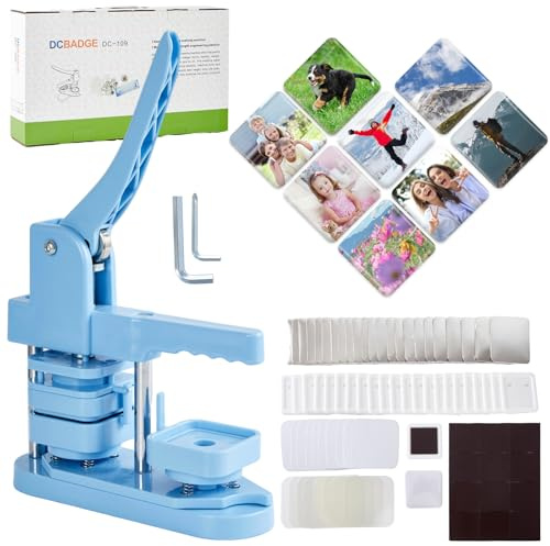 Photo Magnet Making Machine, Button Press Machine for 2 Inches / 50mm Square Fridge Magnetic Stickers, 100 Sets of Button Maker Supplies, Badge Maker Kit for Home School DIY Crafts, Business, Blue