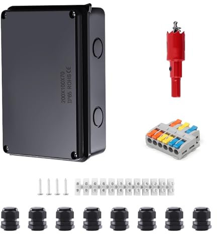 PARFCO Boite de Dérivation, Étanche IP65 Boite Electrique Etanche Exterieur, ABS Noir Boite Derivation Etanche, 200 x 100 x 70 mm, avec Bornes et Accessoires de Montage, pour Câbles Ø 12-16 mm