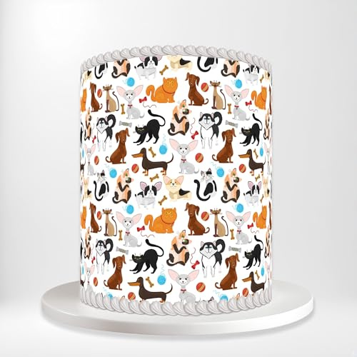 White Dog And Cat Design Wrap Around Print A4 Edible Paper Cake Topper Icing Sheet Side Ribbon Border Decor for Personalised Themed Decorations