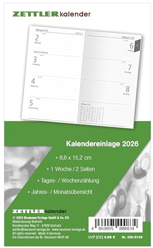 Zettler Inserto di ricambio per calendario TP 1W/2S 2026 – Calendario di ricambio 9 × 15 cm per agenda tascabile tipo 560, 112 fogli, 1 settimana su 2 pagine, domenica e festivi contrassegnato