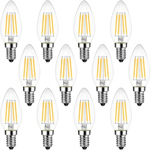 ANWIO E14 Kerze LED Lampe für Kronleuchter, 4W Ersetzt 40W Glühbirne, 470 Lumen Leuchtmittel, Warmweiß 2700K, Filament Fadenlampe, Glas, nicht dimmbar (12er Pack)