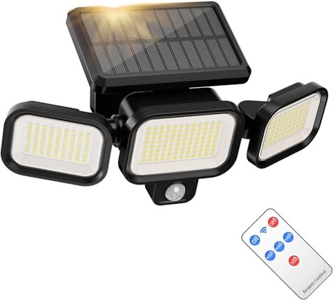Solar Security Lights Outdoor Motion Sensor, 222 LED Solar Lights Outdoor with Remote Control,3 Adjustable Heads Solar Flood Lights IP67 Waterproof for Garden Yard Garage Patio