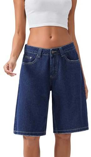 Bermuda ample en jean longueur genou pour femme - Taille basse - Jambe large - Avec poches - Jorts décontractés