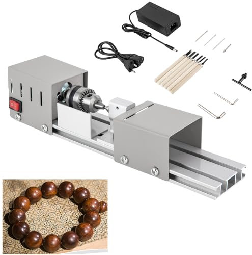Holz-Drehmaschine mit 220V auf DC12-24V Spannungswandler, 7 Geschwindigkeiten Einstellbar, 6 Klingen, 96W 4000-9000rpm Mini DIY Fräsen Werkzeug, Perlen Holzbearbeitung,Poliermaschine, Drehbank