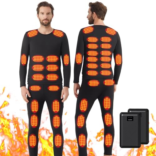 Yahbrra Herren Winter Beheizbare Kleidung: mit 2 Powerbank 42 Zonen Beheizte 3 Gang Temperaturregelung Thermounterwäsche Set für Kalte Ski Angeln Radfahren (Schwarz, L)
