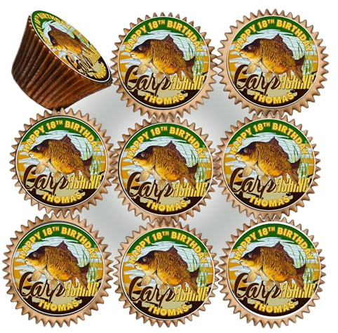 30 x CARP FISHING BIRTHDAY PARTY PERSONALISED EDIBLE ICING 3.8 cms CUPCAKE TOPPERS DECORATIONS M-9245