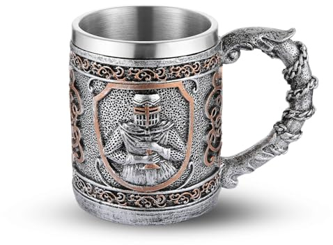 AsAlways Chope à bière en acier inoxydable avec motif chevaliers templiers médiévaux fantaisie pour vin, café, accessoire de la Renaissance 400 ml