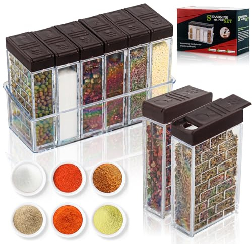 Salero de especias 6 en 1 con bandeja, tarros de especias de plástico, caja de especias para camping, salero y pimentero, tarros de especias con tapa para almacenamiento de cocina, camping, barbacoa