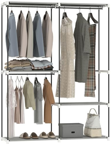 HOMCOM Armario de Ropa, Perchero, 142x43x185 cm, Armario Abierto con 4 Estantes de Tela, 3 Barras para Colgar, Marco de Metal, para Dormitorio, Salón, Vestidor, Gris Claro