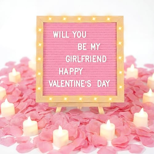 Ceenna Will You Be My Girlfriend Romantic Sign with LED Candles and Artificial Rose Petals, Valentine's Day DIY Felt Letter Wood Board Sign with Lights for Valentine's Day Anniversaries Party (Pink)
