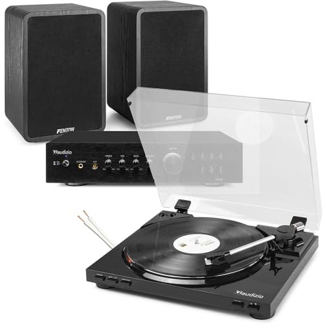Audizio RP310 Black Record Player with Speaker Pair, Vinyl Turntable & HiFi Bookshelf Speakers, 200W Amp, USB MP3 Recording, Bluetooth, 33/45 RPM, Auto-Return & Optical Input - Complete Audio Kit
