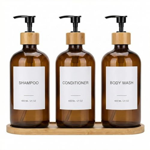 Shampoo och balsam-dispenser, schamposet 3-pack – 600 ml påfyllningsbara PET-duschflaskor med bambu-plastpump, bambubricka, tratt och etiketter, duschgeldispenser för dusch (brun)