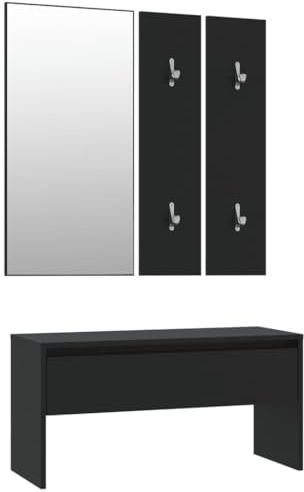 ZIRLANLV Hallway Furniture Set – Engineered Wood Construction, Mirror, Coat Rack Panels, Multipurpose Bench with Storage Drawer (Black)