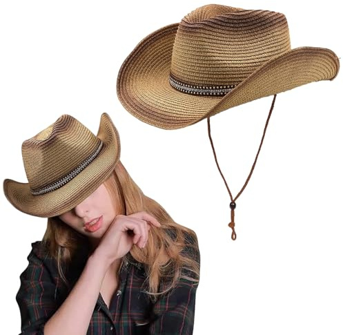 Fedora Western Cowboy Straw Hat with Adjustable Chin Strap for Men Women Foldable Western Straw Cowgirl Hat with Leather Belt Shapeable Brim UV Protection Straws Sun Hats Summer Beach Sun Jazz Cap