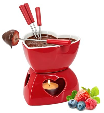 Chocolate Fondue Cup Set,Heart Shape Cheese Fondue Sets,Ceramic Butter Warmer Set,Red Ceramic Chocolate Melting Cup Set-with 4 Forks,Dishwasher-Safe Fondue Mug,for Cheese Caramel (Red)