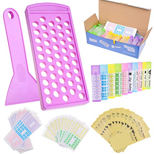 Kare & Kind Lippenbalsam Bastelset - Einfache Lippenbalsam Einfüllschale und Spachtel - 50 Leere Lippenbalsam Tuben mit Verschlüssen (10x5 Farben) - 5,5 ml - 50 beschreibbare und 50 Aufkleber