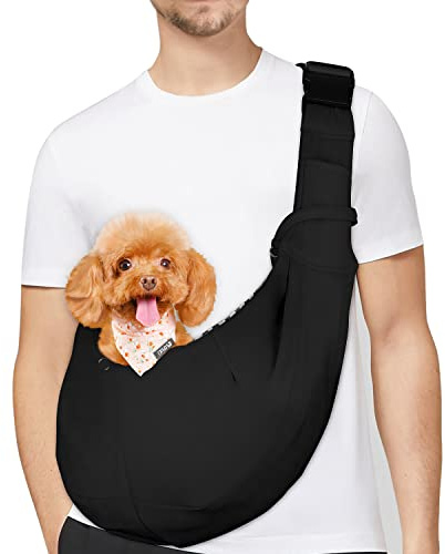 PETLOFT Vändbar Hundar Katt Sling Husdjur Bärkasse, Små Hundar Sling, Justerbar Hundbärare, Handsfree Cross Body Bärare med Halsbandskrok för Hund/Katt/Kanin upp till 11 Pund, Svart