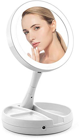 Senwow Specchio per il trucco con luce, ingranditore 1X 10X, da tavolo, pieghevole, 16 cm di diametro